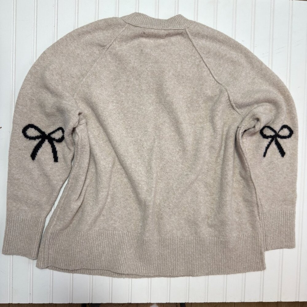 Aerie Oversized Crew Sweater – Tan Ribbed Neck, Bow Elbow Detail, Size Small